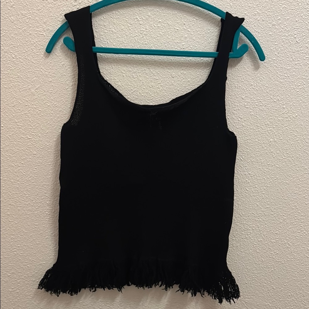 Souchi designer Black Sleeveless Fringe Hem Top